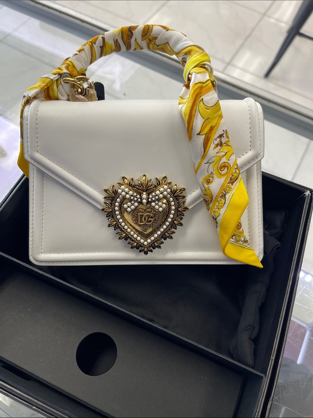 Dolce & Gabbana White Leather Top-Handle Satchel with Gold Heart Emblem